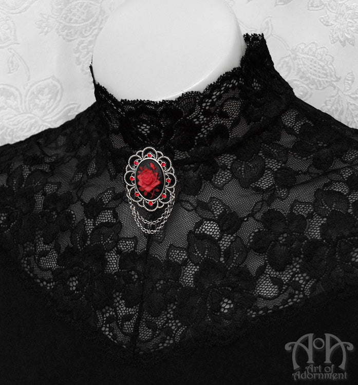 Sanguinari Red & Black Gothic Rose Cameo Brooch