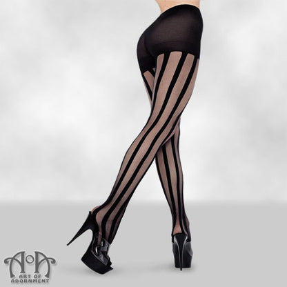 Black & Sheer Vertical Stripe Pantyhose Tights
