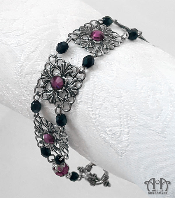 Vervaina Beaded Purple & Black Rhinestone Filigree Bracelet