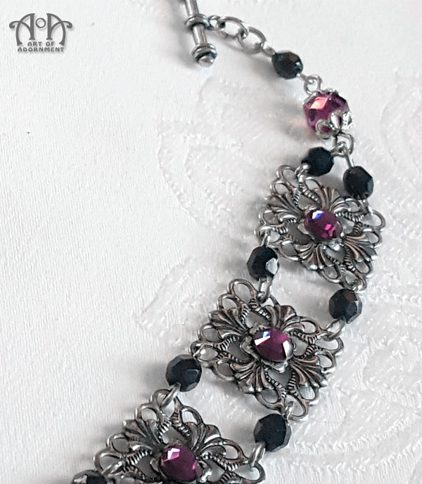 Vervaina Beaded Purple & Black Rhinestone Filigree Bracelet