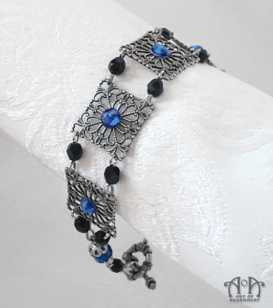 Celestia Beaded Blue & Black Rhinestone Filigree Bracelet