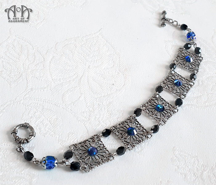 Celestia Beaded Blue & Black Rhinestone Filigree Bracelet