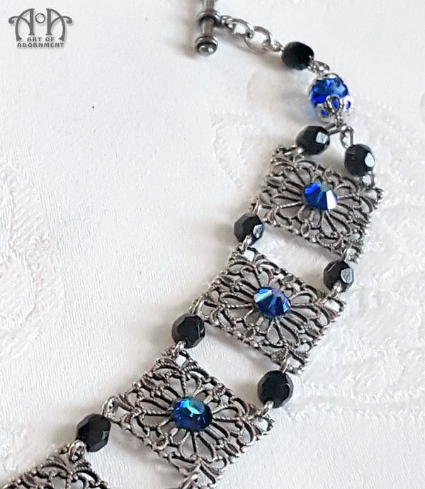 Celestia Beaded Blue & Black Rhinestone Filigree Bracelet