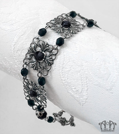 Nocturne Beaded Black Rhinestone Filigree Bracelet