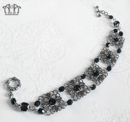 Nocturne Beaded Black Rhinestone Filigree Bracelet