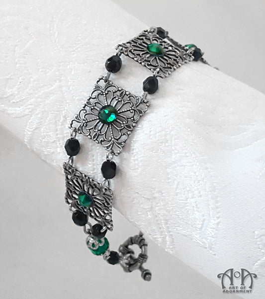 Sylvannia Beaded Green & Black Rhinestone Filigree Bracelet