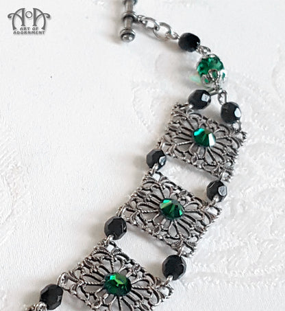 Sylvannia Beaded Green & Black Rhinestone Filigree Bracelet