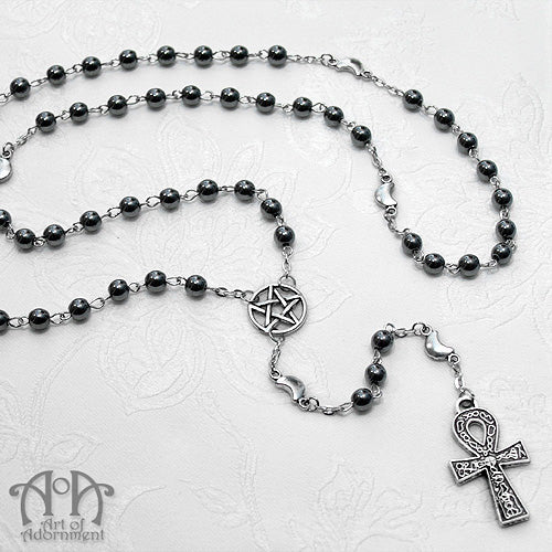 Elemental Gothic Ankh Hematite Rosary Necklace