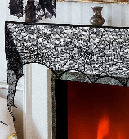 Gothic Black Spiderweb Lace Fireplace Mantel Runner Scarf