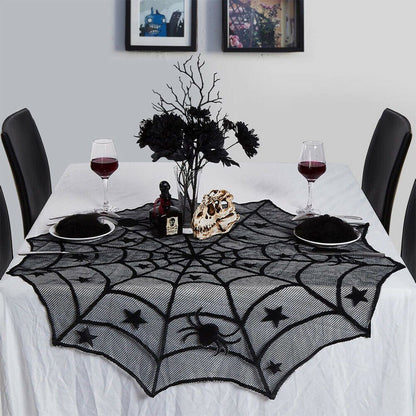 Gothic Black Spiderweb Lace Round Tablecloth