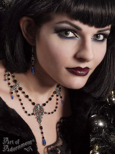 Celestia Blue & Black Fleur-De-Lis Crystal Teardrop Earrings