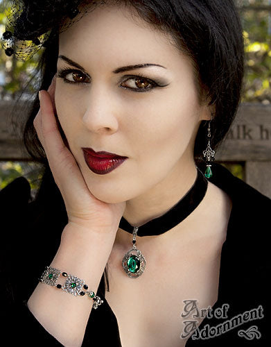 Sylvannia Beaded Green & Black Rhinestone Filigree Bracelet